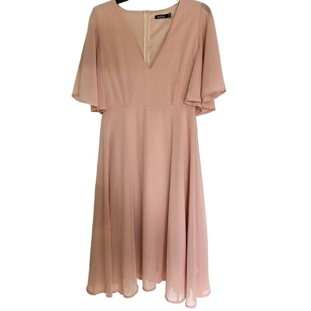 Boohoo Light Pink Flutter Sleeve V-Neck Midi Dress, Wedding Guest, Size 6
